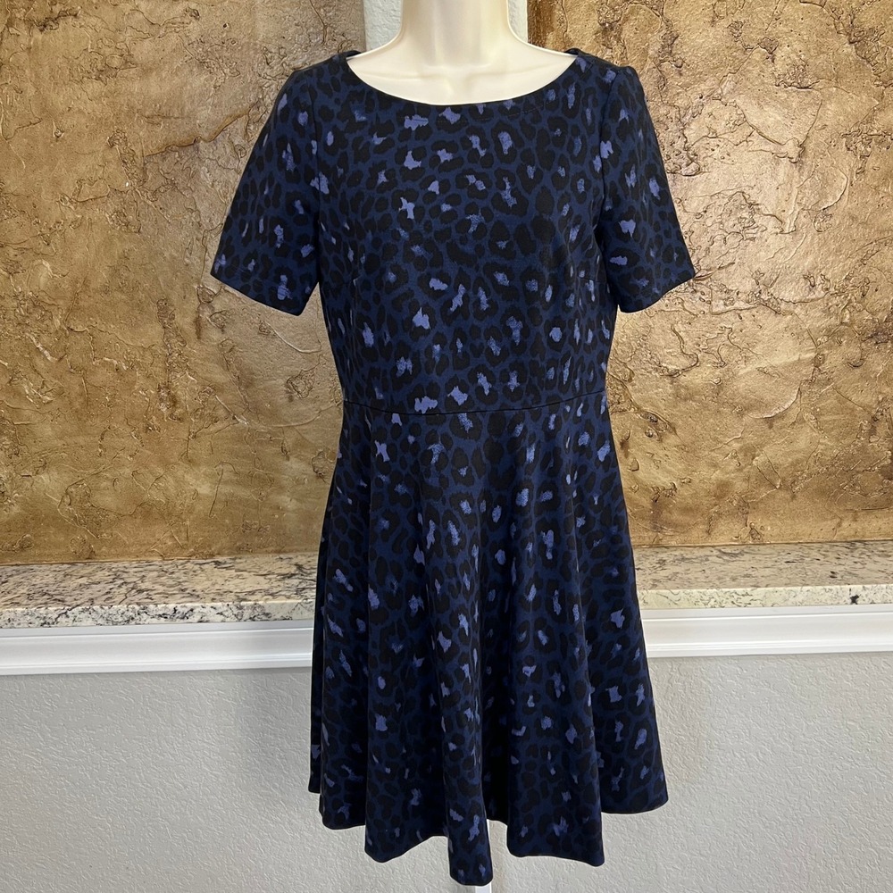 Kate Spade Fit Flare‎ Dress Small Blue Leopard Print Lace Up Back Skater Preppy